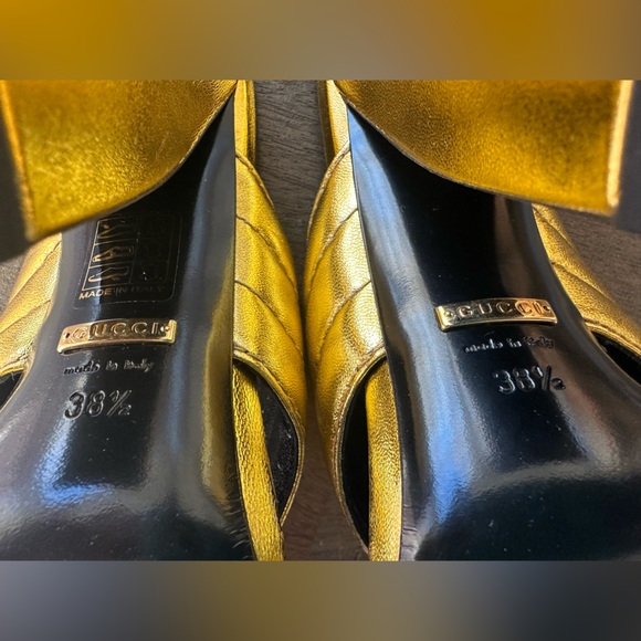 GUCCI Metallic Nappa Webby Leather Crossover Heel Slide Sandals 38.5 Oro Vecchio - Picture 10 of 12